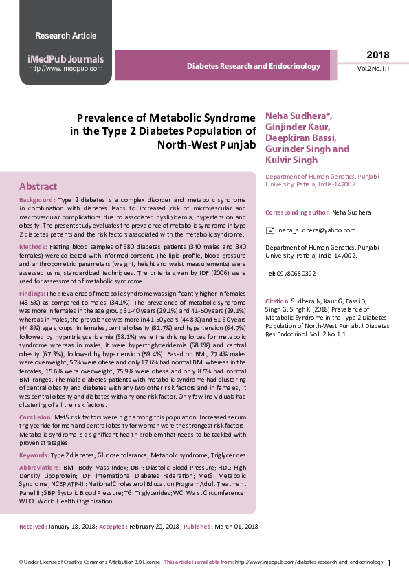 (PDF) Prevalence of Metabolic Syndrome in the Type 2 Diabetes ...