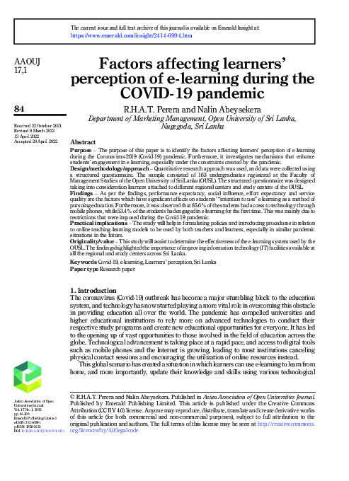 (PDF) Factors affecting learners’ perception of e-learning during the ...