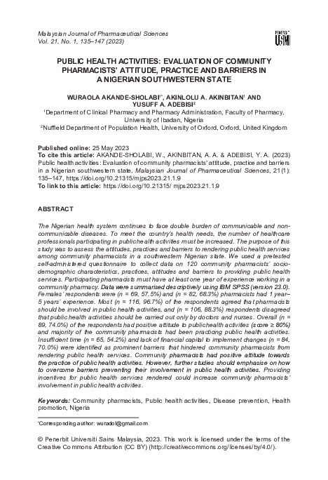(PDF) Public Health Activities: Evaluation of Community Pharmacists ...