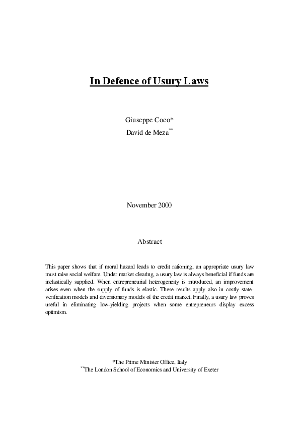 (PDF) In Defense of Usury Laws