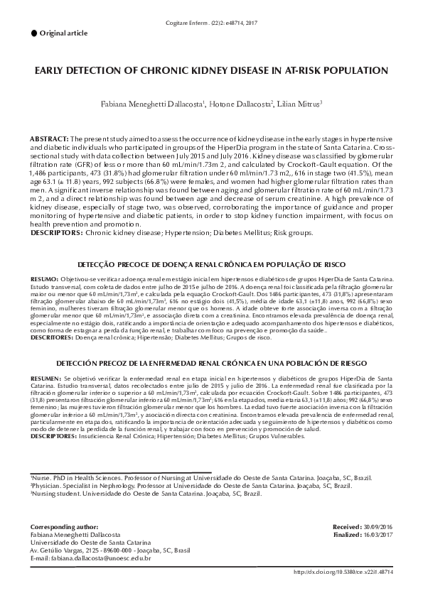 (PDF) Early Detection of Chronic Kidney Disease in At-Risk Population