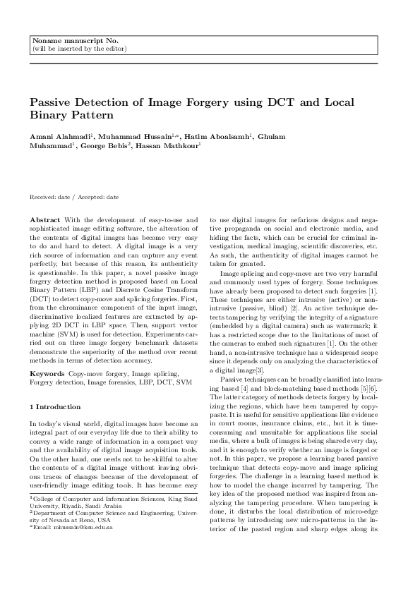(PDF) Passive detection of image forgery using DCT and local binary pattern