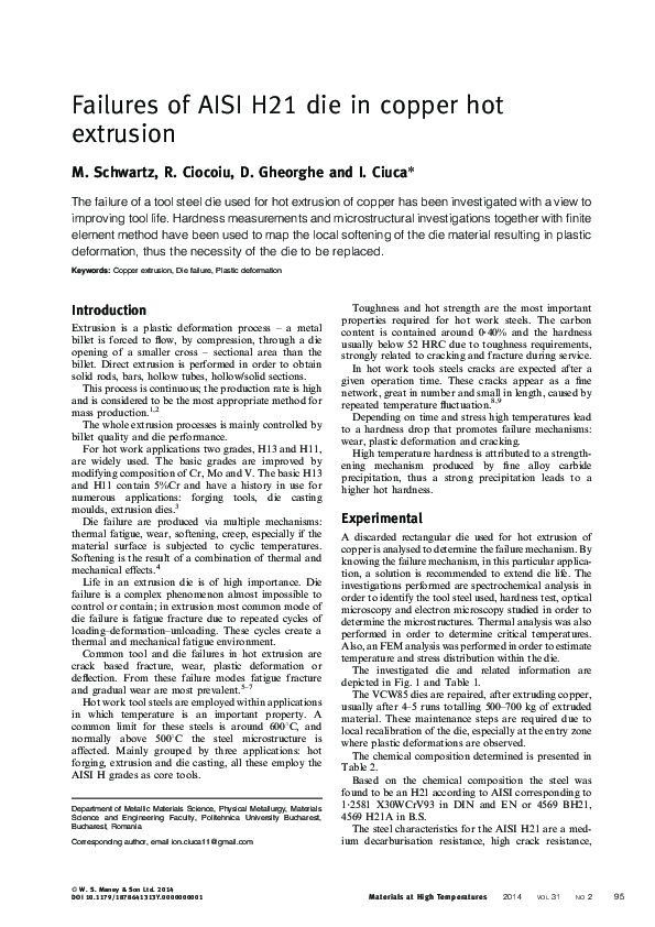 (PDF) Failures of AISI H21 die in copper hot extrusion