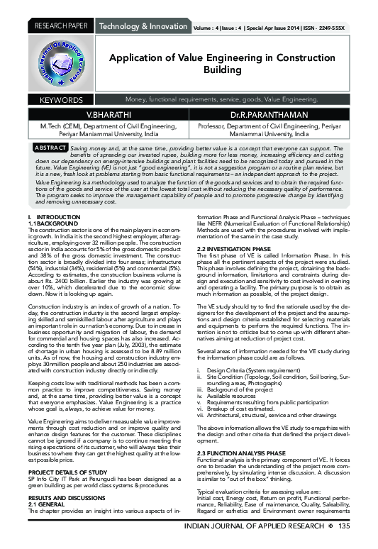 (PDF) Application of Value Engineering in Construction Building