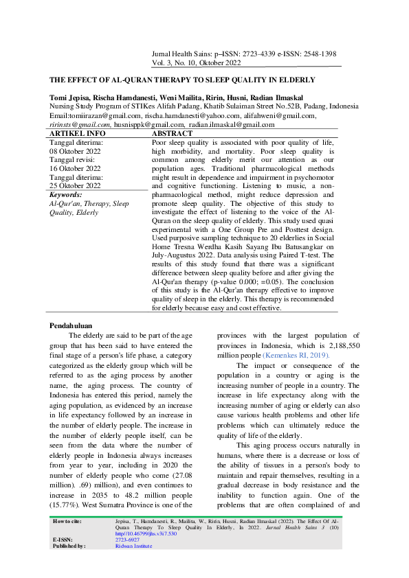 (PDF) The Effect Of Al-Quran Therapy To Sleep Quality In Elderly