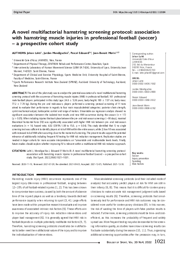 (PDF) A novel multifactorial hamstring screening protocol: association ...