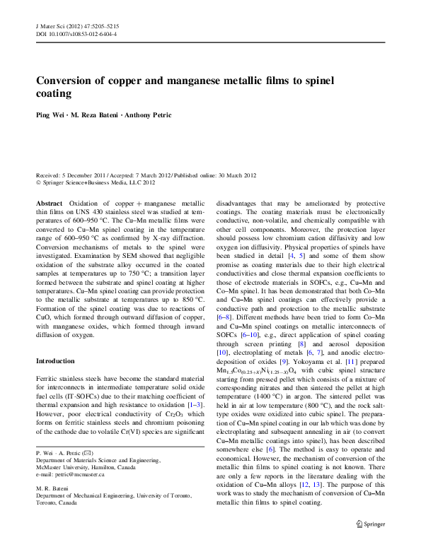 (PDF) Conversion of copper and manganese metallic films to spinel coating