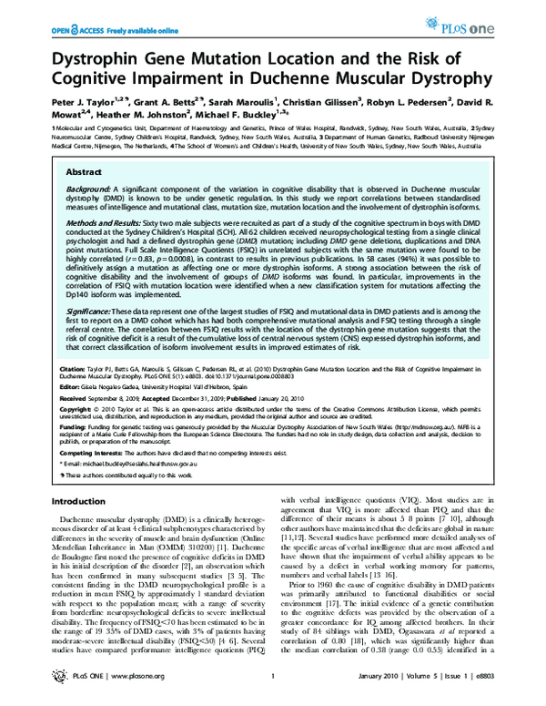 (PDF) Dystrophin Gene Mutation Location and the Risk of Cognitive ...