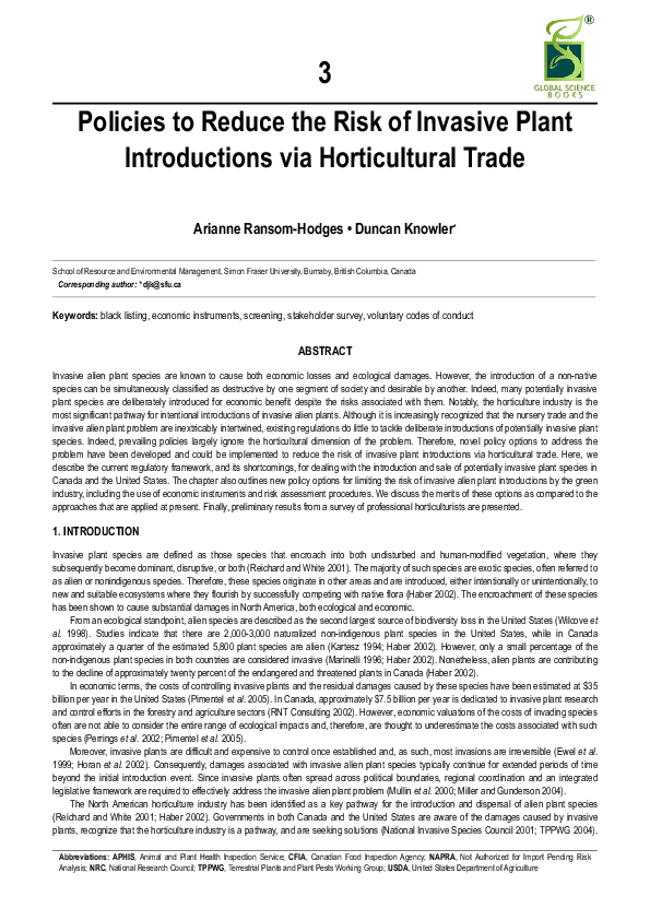 (PDF) Policies to Reduce the Risk of Invasive Plant Introductions via ...