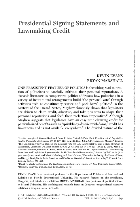 (PDF) Presidential Signing Statements and Lawmaking Credit