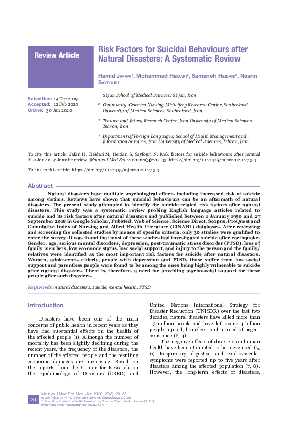 (PDF) Risk Factors for Suicidal Behaviours after Natural Disasters: A ...