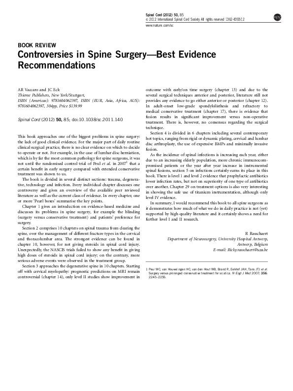 (PDF) Controversies in Spine Surgery—Best Evidence Recommendations