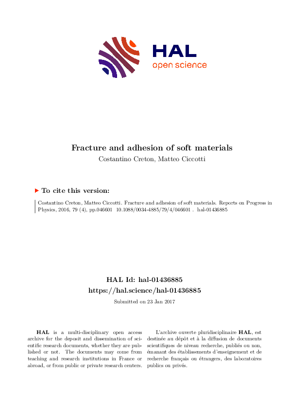 (PDF) Fracture and adhesion of soft materials: a review