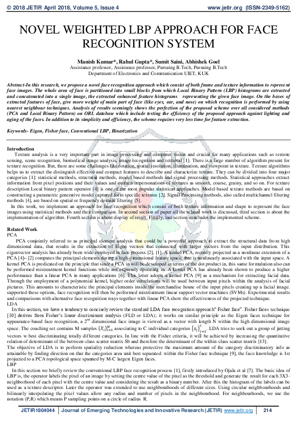 (PDF) Novel Weighted LBP Approach for Face Recognition System