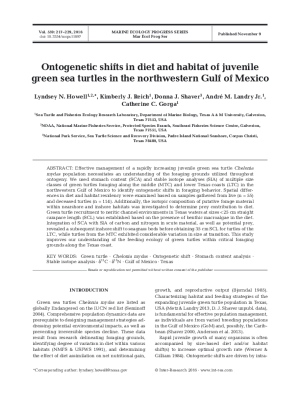 (PDF) Ontogenetic shifts in diet and habitat of juvenile green sea ...