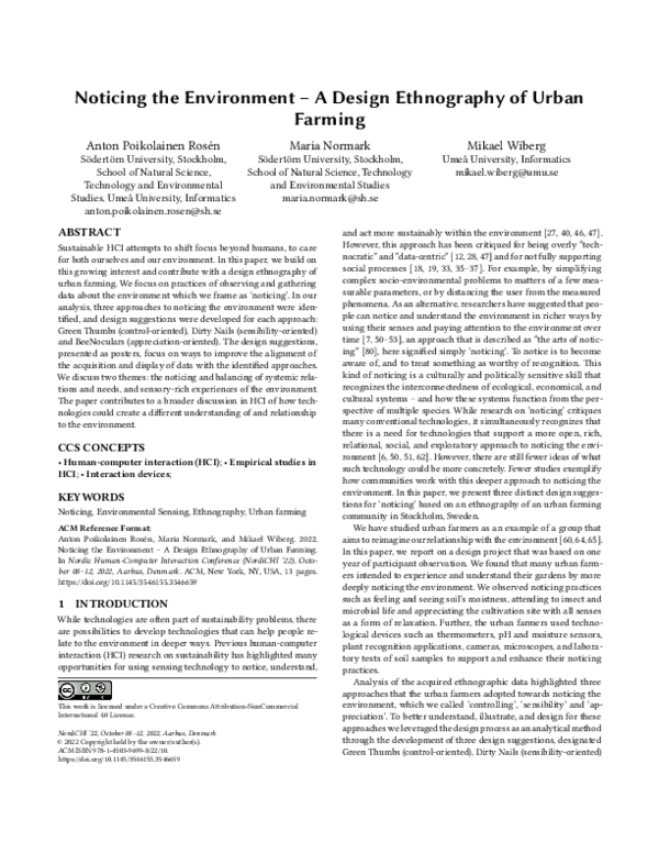 (PDF) Noticing the Environment – A Design Ethnography of Urban Farming