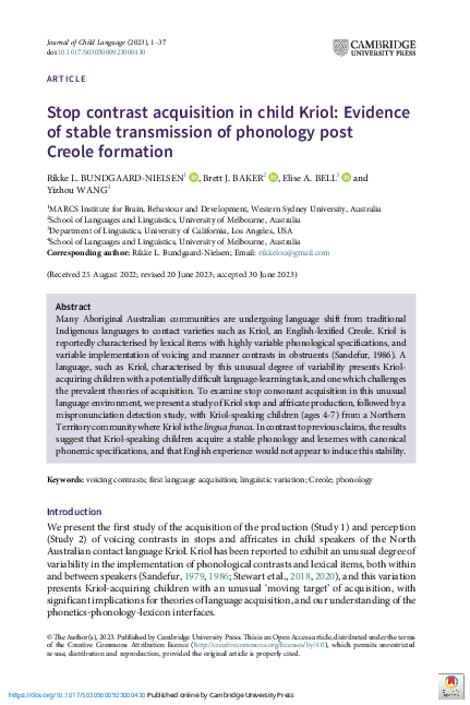 (PDF) Stop contrast acquisition in child Kriol: Evidence of stable ...