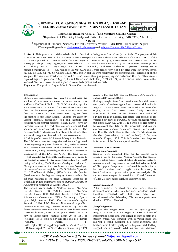 (PDF) CHEMICAL COMPOSITION OF WHOLE SHRIMP , FLESH AND SHELL OF ...