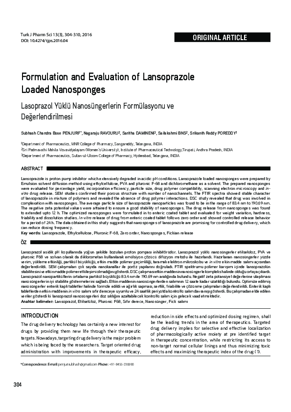 (PDF) Formulation and Evaluation of Lansoprazole Loaded Nanosponges