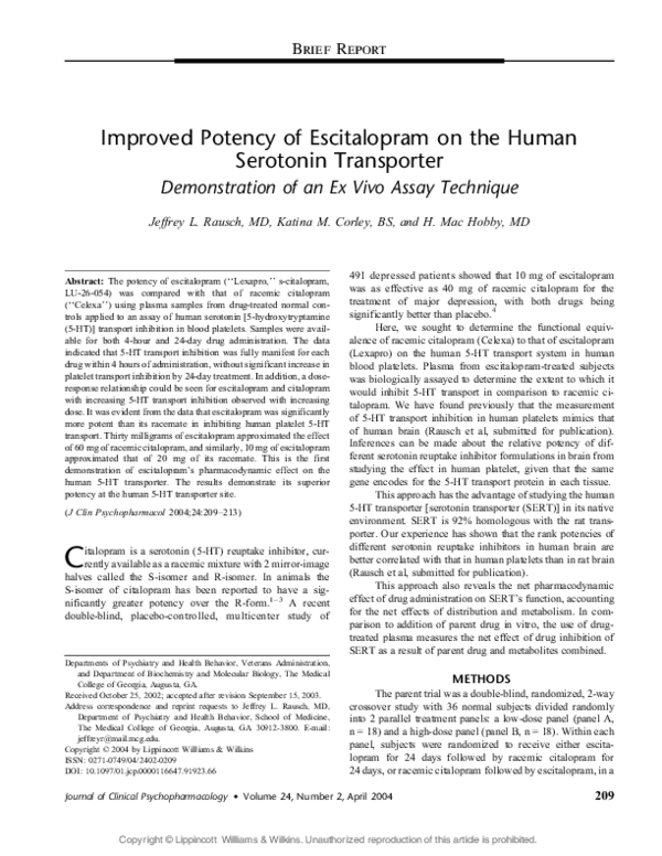 (PDF) Improved Potency of Escitalopram on the Human Serotonin Transporter