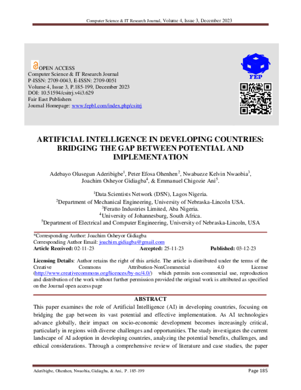 (PDF) ARTIFICIAL INTELLIGENCE IN DEVELOPING COUNTRIES: BRIDGING THE GAP ...