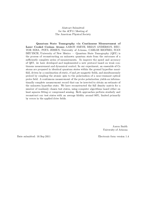 Quantum State Tomography via Continuous Measurement of Laser Cooled Cesium Atoms