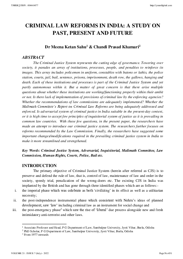 (PDF) Criminal Law Reforms in India: A Study on Past, Present and Future