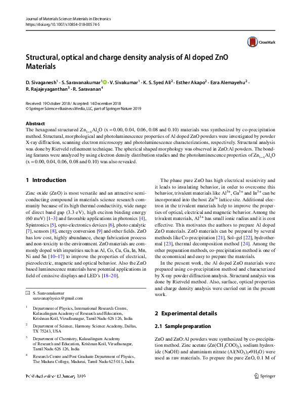 (PDF) Structural, optical and charge density analysis of Al doped ZnO ...