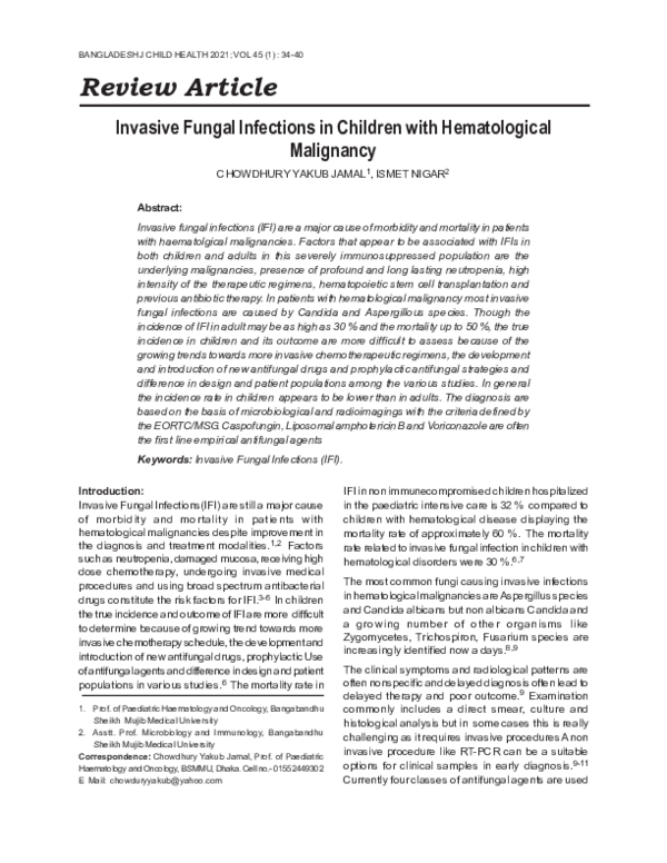 (PDF) Invasive Fungal Infections in Children with Hematological Malignancy
