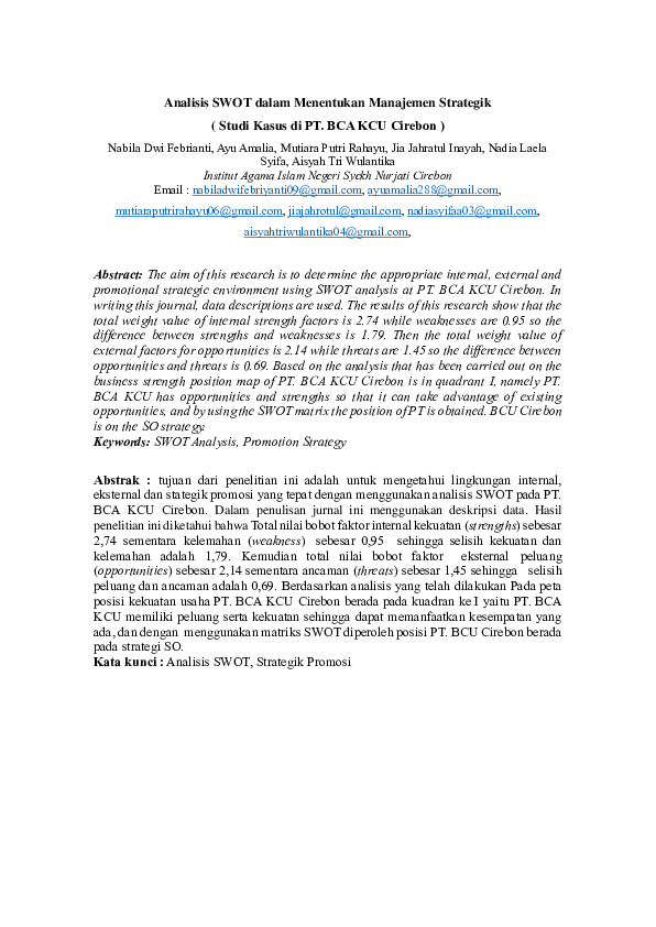 (PDF) Analisis SWOT dalam Menentukan Manajemen Strategik ( Studi Kasus