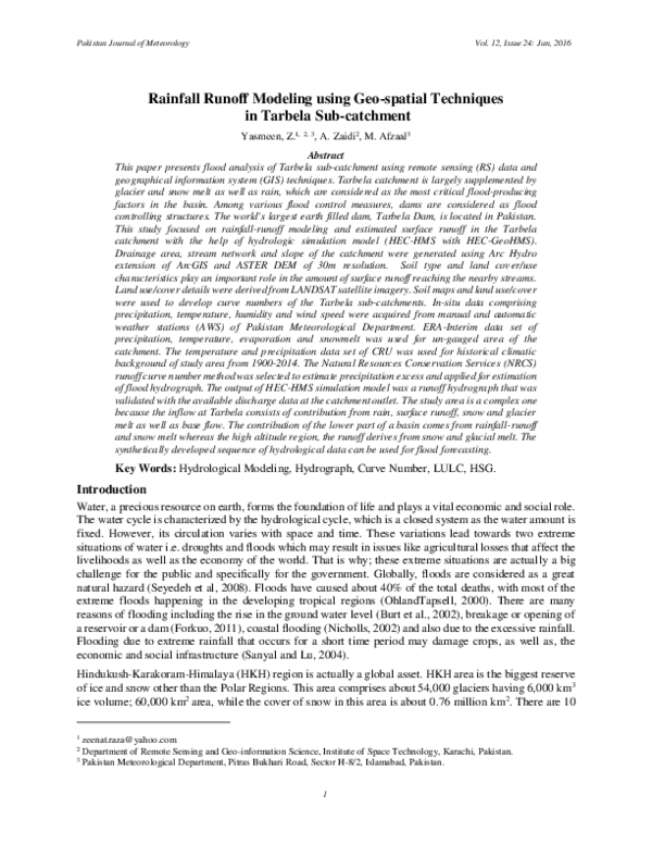 (PDF) Rainfall Runoff Modeling using Geo-spatial Techniques in Tarbela ...