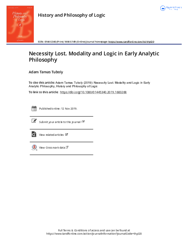 (PDF) Necessity Lost. Modality and Logic in Early Analytic Philosophy
