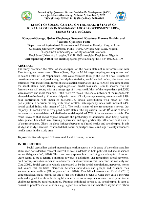 (PDF) Effect of Social Capital on the Health Status of Rural Farmers in ...