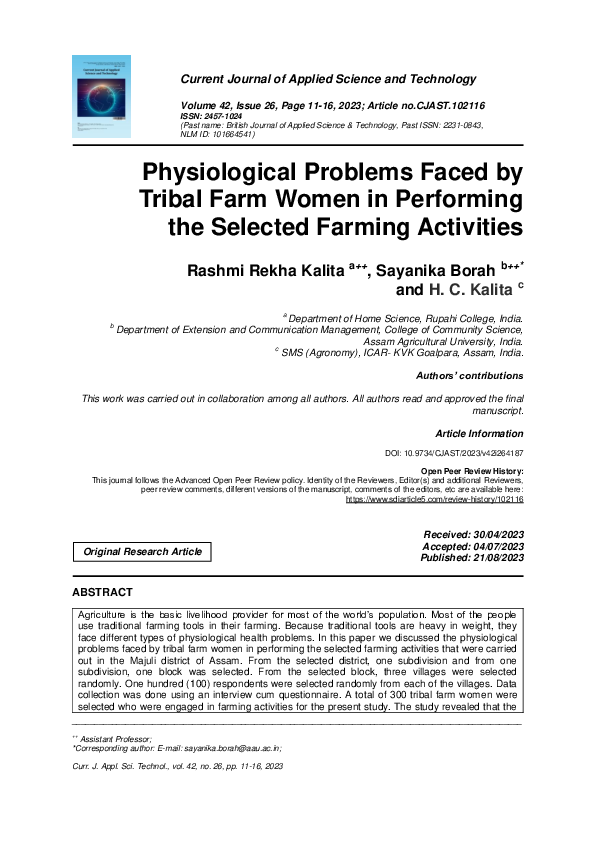 (PDF) Physiological Problems Faced by Tribal Farm Women in Performing ...
