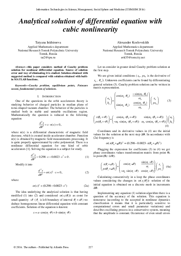(PDF) Analytical Solution of Differential Equation with Cubic Nonlinearity