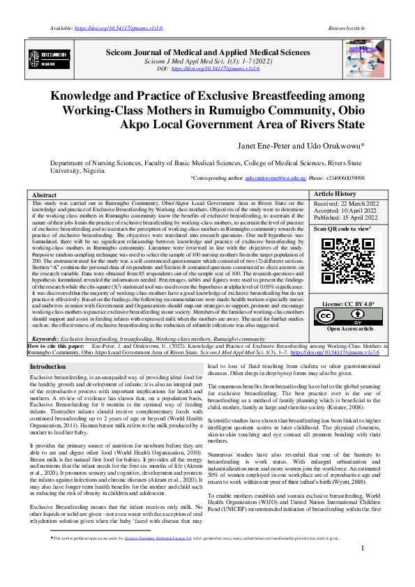(PDF) Knowledge and Practice of Exclusive Breastfeeding among Working ...