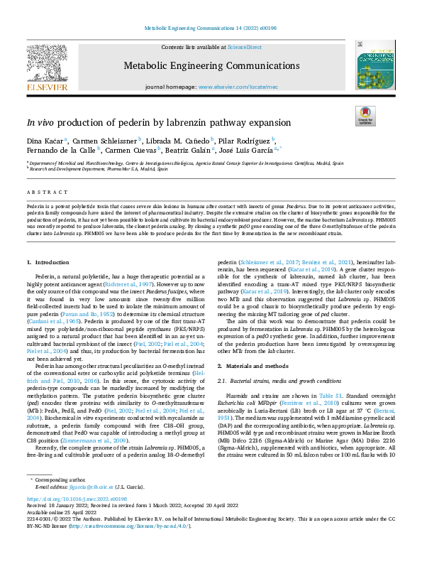 (PDF) In vivo production of pederin by labrenzin pathway expansion