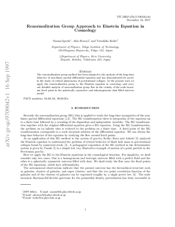 (PDF) Renormalization group approach to the Einstein equation in cosmology