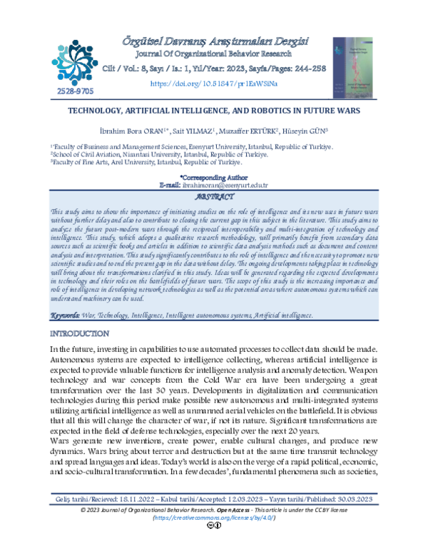 (PDF) Technology, Artificial Intelligence, and Robotics in Future Wars