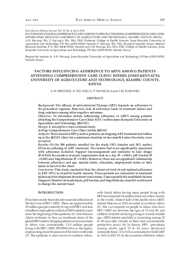 (PDF) Factors Influencing Adherence to Arvs Among Patients Attending ...