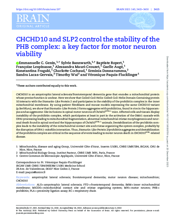 (PDF) CHCHD10 and SLP2 control the stability of the PHB complex: a key ...