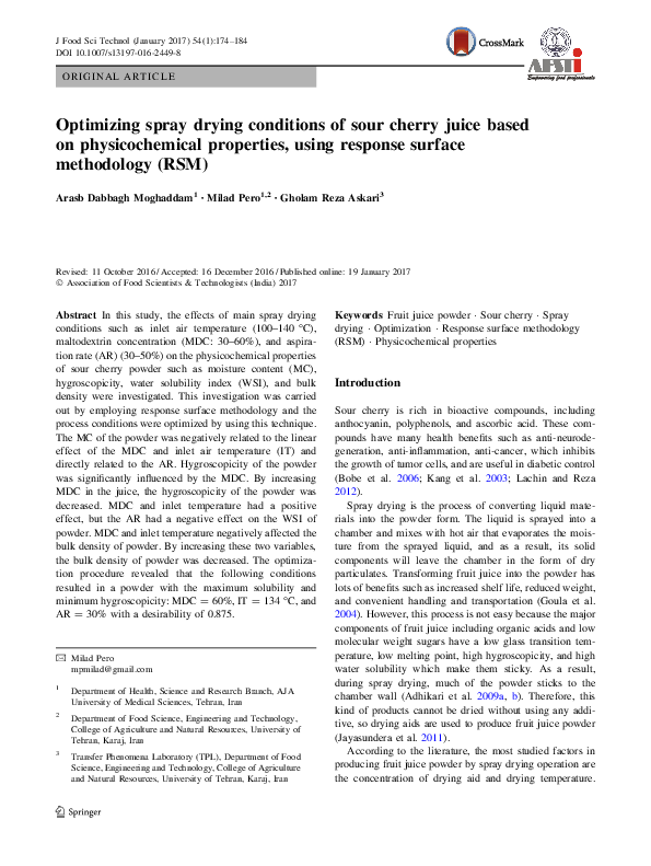 (PDF) Optimizing spray drying conditions of sour cherry juice based on ...