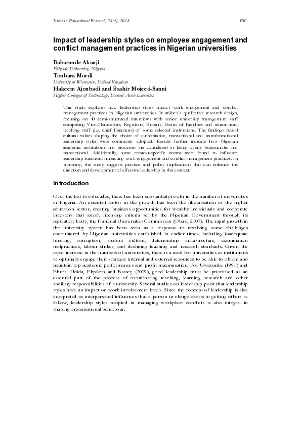 (PDF) Impact of Leadership Styles on Employee Engagement and Conflict ...