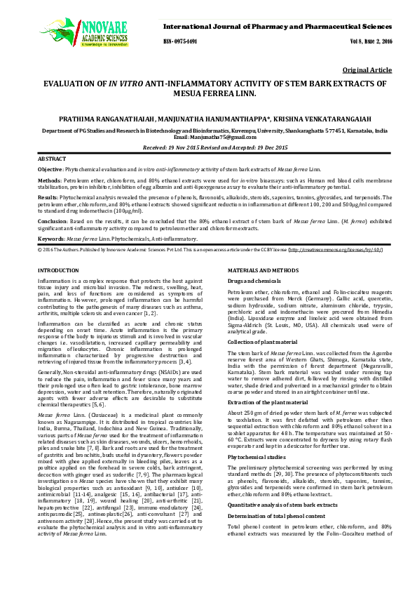 EVALUATION OF IN VITRO ANTI-INFLAMMATORY ACTIVITY OF STEM BARK EXTRACTS OF MESUA FERREA LINN. Original Article
