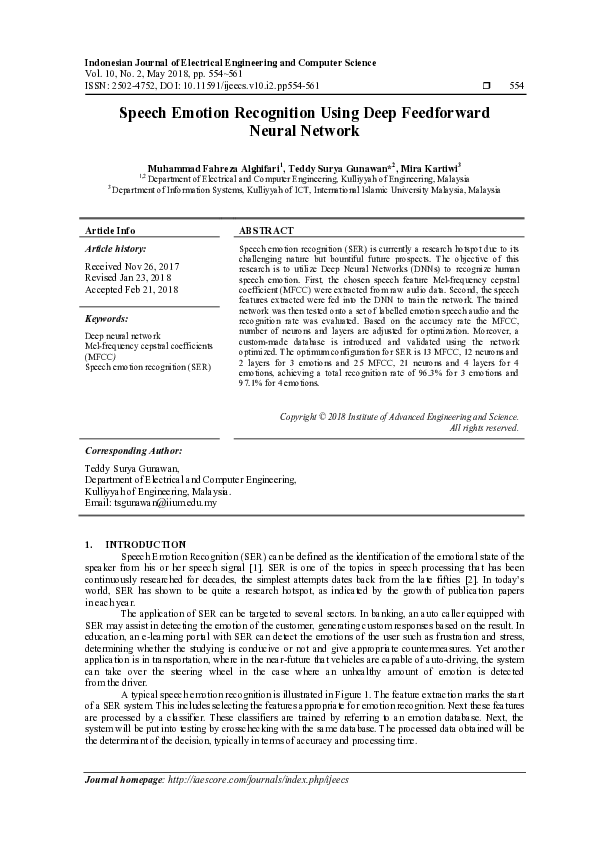 (PDF) Speech Emotion Recognition Using Deep Feedforward Neural Network