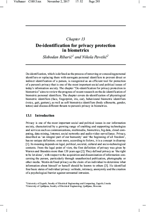 (PDF) De-identification for privacy protection in biometrics
