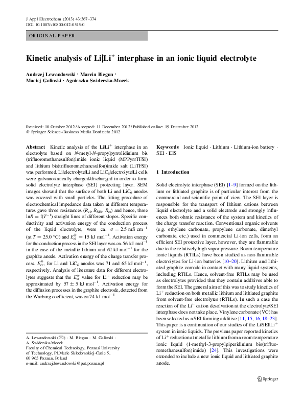 (PDF) Kinetic analysis of Li|Li+ interphase in an ionic liquid electrolyte