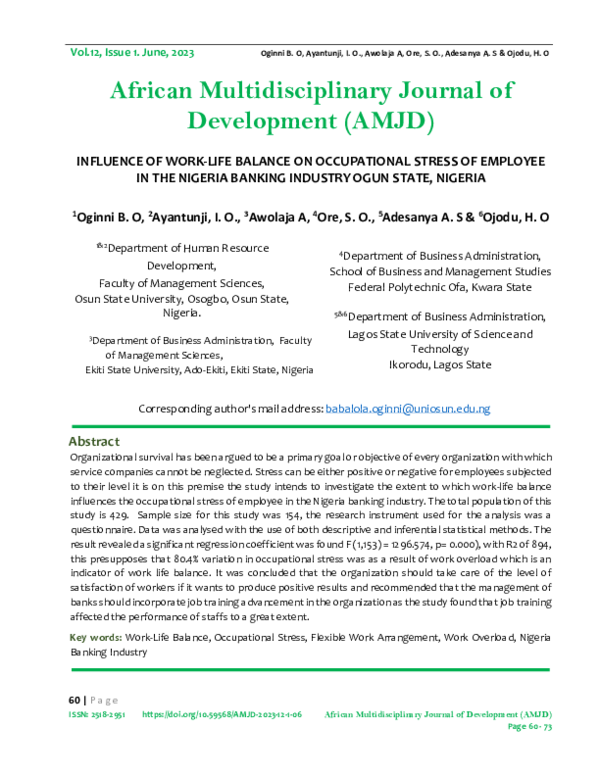 (PDF) Influence of work-life balance on occupational stress of employee ...