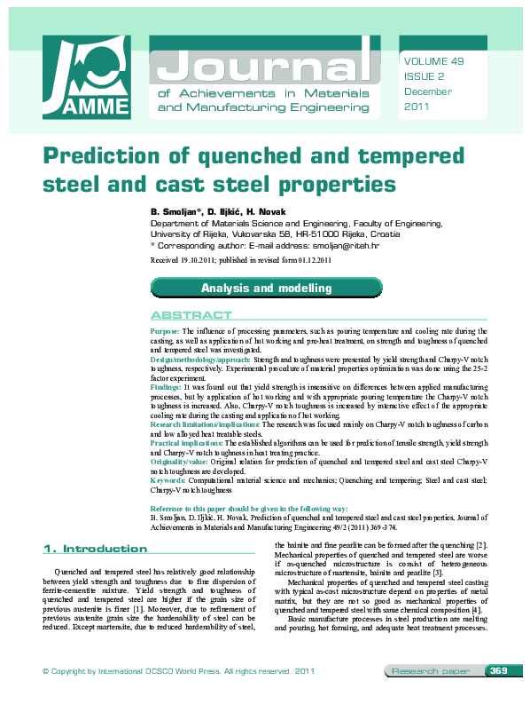 (PDF) Prediction of quenched and tempered steel and cast steel properties