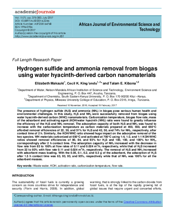 (PDF) Hydrogen sulfide and ammonia removal from biogas using water ...